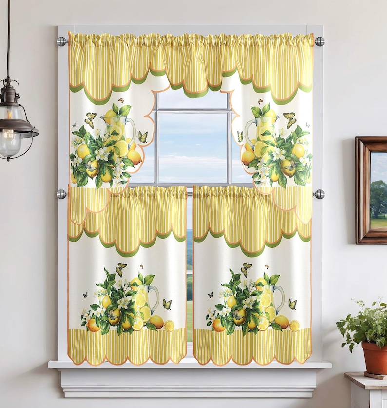 3pcs Yellow Mediterranean Lemon, Green Lime, Printed Curtains Set ...