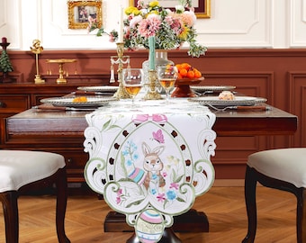 European Floral Easter Bunny and Egg Embroidered Table Runner,Dining Room Decor, Kitchen, Parties Decor, Mother&#39;s Day Gift