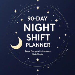 May include: A blue background with a white crescent moon and stars. The text "90-DAY NIGHT SHIFT PLANNER" is in white. Below the text is "Sleep, Energy & Performance Made Simple". At the bottom of the image is "Designed by B.D.S. BSc Hons I thebloodscientist.com".