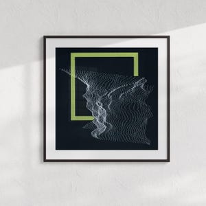 May include: Framed abstract art print featuring a neon green square and a white dotted, wave-like form against a dark background. The artwork is displayed in a black frame, creating a modern aesthetic. The print is mounted on a white wall.