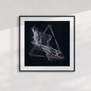 May include: Abstract art print featuring a white, cloud-like shape with a delicate, dotted texture. The shape is partially obscured by a thin, copper-colored triangle.