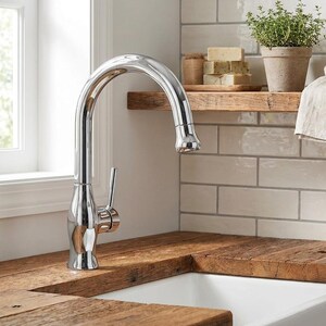 Può includere: Un rubinetto da cucina in cromo lucido con bocca a collo di cigno ad arco alto e una singola leva laterale, posizionato sopra un lavello bianco in stile rustico incassato in un piano di lavoro in legno con venature visibili.