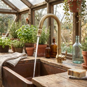May include: A brass faucet with a high arc is positioned over a copper sink. Water flows from the faucet. The sink is surrounded by a wooden countertop with potted herbs and glass bottles. A bar of soap rests on the counter.