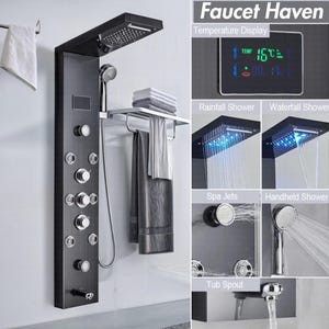 LED Light Shower Panel Waterfall Rain Digital Display Shower Faucet Set SPA Massage Jet Bathroom Column Mixer Tap Tower System
