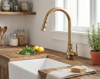 Antike Messing Küchenarmatur, Vintage Pull Down Mischbatterie, 360 drehbar Bauernhaus Spültisch Wasserhahn, rustikale Gold Küchenarmatur