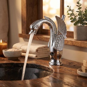 May include: A polished chrome bathroom tap shaped like a swan with detailed wing textures on the sides. The tap is mounted on a dark wooden countertop and is actively dispensing a steady stream of water into a dark circular sink basin.