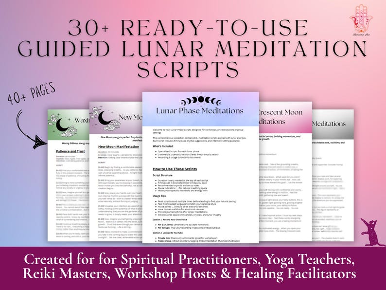 May include: A collection of printed guides for lunar phase meditations. The cover of the central guide is light purple with the title "Lunar Phase Meditations". The guides are designed for spiritual practitioners, yoga teachers, and workshop hosts. The image includes the text "30+ READY-TO-USE GUIDED LUNAR MEDITATION SCRIPTS".