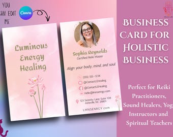 Pink Lotus Reiki Business Card Template: Editable Canva Design (Digital Download)