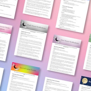May include: Assortment of printed guides with titles like "Waning Crescent Moon Meditations" and "Dark Moon Meditations." Each guide features a header with a crescent moon and cloud graphic, set against a gradient background of pink, purple, and green.
