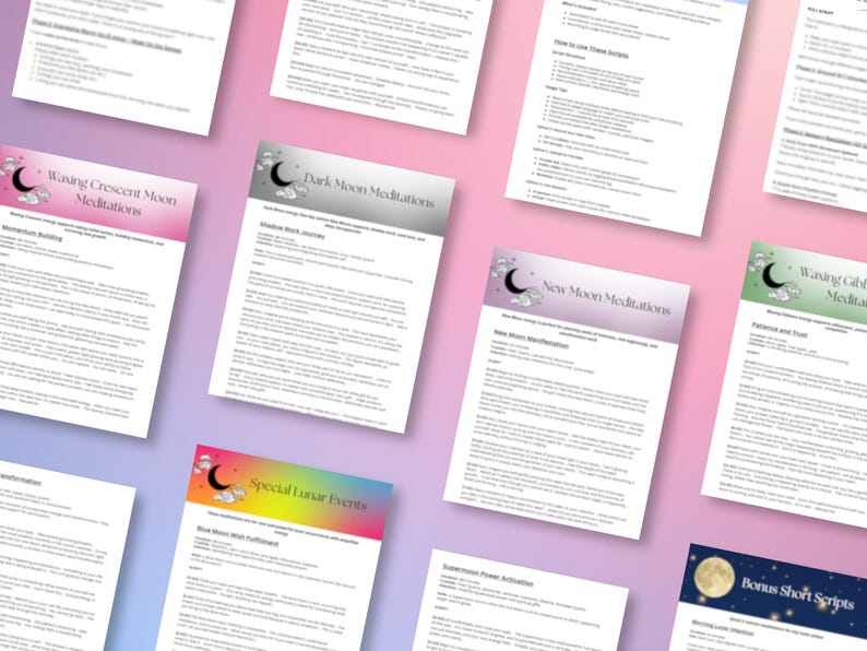 May include: Assortment of printed guides with titles like "Waning Crescent Moon Meditations" and "Dark Moon Meditations." Each guide features a header with a crescent moon and cloud graphic, set against a gradient background of pink, purple, and green.