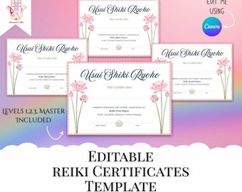 Editable Pink Lotus Reiki Certificate Template: Levels 1-Master (Canva)
