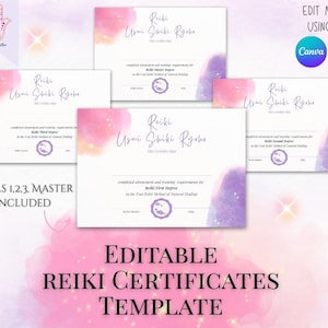 Puede incluir: Plantillas de certificados de Reiki editables en rosa, morado y blanco con fondos de acuarela. El texto dice "Reiki Usui Shiki Ryoho" y "Reiki Primer Grado". Los niveles 1, 2, 3 y Maestro están incluidos.