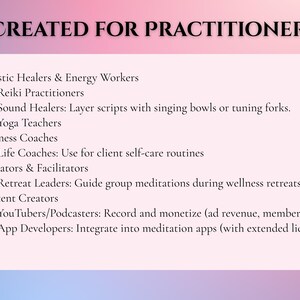 May include: A graphic with the text "CREATED FOR PRACTITIONERS" at the top. The text lists categories including Holistic Healers, Wellness Coaches, Educators, and Content Creators. A purple cat silhouette is in the bottom right corner.