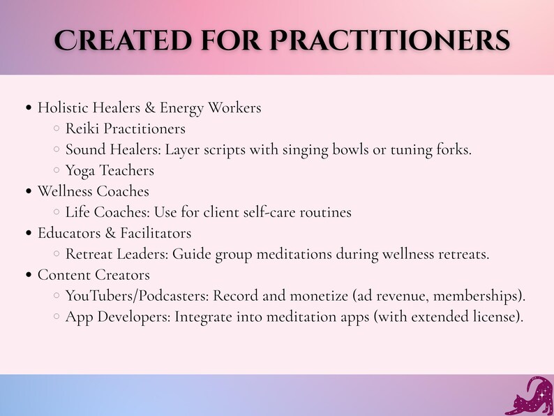 May include: A graphic with the text "CREATED FOR PRACTITIONERS" at the top. The text lists categories including Holistic Healers, Wellness Coaches, Educators, and Content Creators. A purple cat silhouette is in the bottom right corner.