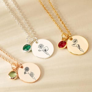 Personalized Birth Flower Birthstone Necklace, Custom Engraved Disc Necklace, Family Birth Flower Necklace, Birthday Gift, Mother&#39;s Day Gift