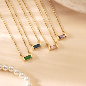 Baguette Birthstone Necklace, Custom Birthstone Layering Necklace, Dainty Baguette Birthstone Pendant Necklace, Personalized Gift for Her