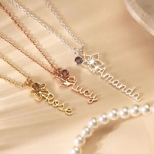 Personalized Birth Flower Name Necklace, Name Necklace with Birthstone, Birthflower Name Pendant Necklace, Custom Name Jewelry, Gift for Her