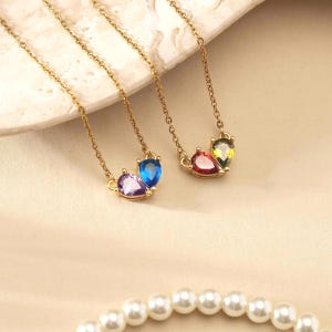 Personalized Heart Birthstone Necklace, 2 Birthstone Necklace,  Lovers Birthstone Matching Heart Necklace, Birthstone Jewelry, Gift for Her