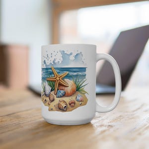 Beach Vibes Ceramic Mug, Coastal Coffee Cup, Ocean Lover Gift, Seashell Mug, Nautical Decor, Shell & Starfish Design