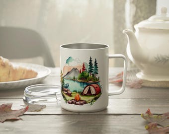 Caneca de acampamento em aquarela: caneca de viagem de aço inoxidável inspirada em aventuras