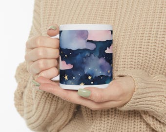 Watercolor Night Sky Ceramic Mug: Celestial Coffee Cup