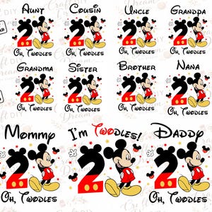 Pode incluir: Um conjunto de gráficos digitais com ilustrações do Mickey Mouse combinadas com o número dois e o texto Oh, Twodles. Os designs incluem vários títulos familiares como Aunt, Cousin, Uncle, Grandpa, Grandma, Sister, Brother, Nana, Mommy e Daddy.