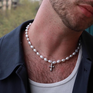 Cross Pendant Baroque Freshwater Pearl Necklace Mens Pearl Necklace Real Freshwater Pearl Necklace for Men Simple Pearl Chain Boyfriend Gift