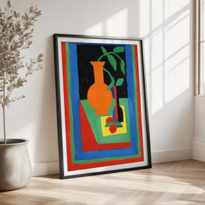 Modern Abstract Still Life Wall Art - Colorful Matisse Inspired Bold Fruit and Vase Painting Print for Mid Century Modern Home Decor