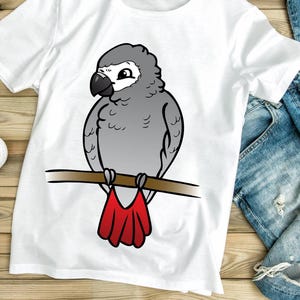 Cartoon African Grey Parrot T-Shirt – Cute Bird Tee, Red Tail Parrot Shirt, Funny Exotic Pet Lover Gift, Hand Drawn Bird Graphic Tee