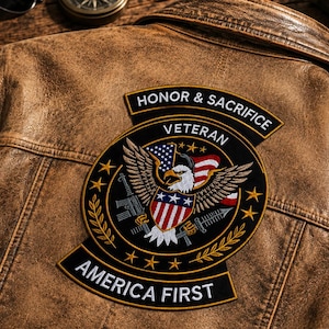 May include: A brown leather jacket with a large embroidered patch featuring an eagle, American flag, and text that reads "HONOR & SACRIFICE VETERAN AMERICA FIRST." The jacket has a distressed look.