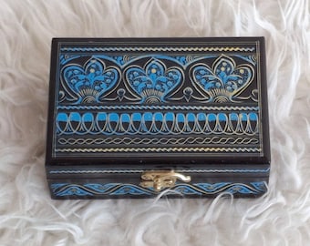 Hand Painted Wooden Jewelry Box, Blue Floral Stash Box