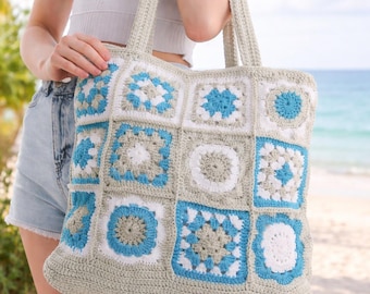 Handmade Crochet Granny Square Tote Bag, Boho Weekender