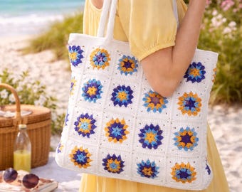 Handmade Crochet Granny Square Tote Bag, Boho Chic