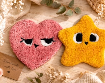 Handmade Heart and Star Carpet Rug Set | Kawaii Desk Decor 9x9 Inch