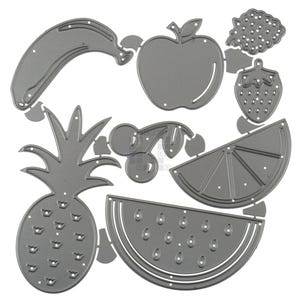 May include: A set of 10 metal cookie cutters in the shape of various fruits, including a banana, apple, strawberry, cherries, pineapple, lemon, and watermelon.