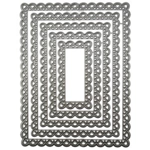 May include: A set of five nested rectangular metal dies with a decorative scalloped edge. The dies are in graduated sizes, perfect for crafting projects. The metal has a silver-gray color.