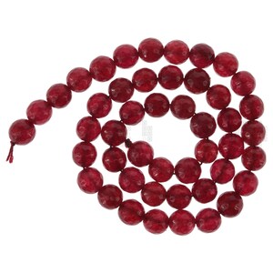 May include: A strand of faceted, round, deep red beads. The beads are strung together, forming a continuous loop. The beads have a textured surface and a polished appearance. The overall theme is jewelry making.