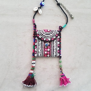 boho necklace, mini pouch necklace with tassels and mirror, ethnic necklace