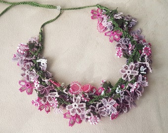 turkish oya necklace, flower necklace, lilac pink