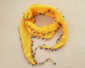 yellow cotton scarf, hairband with multicolored beads