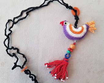 tassel necklace with crochet bird, purple cream red orange