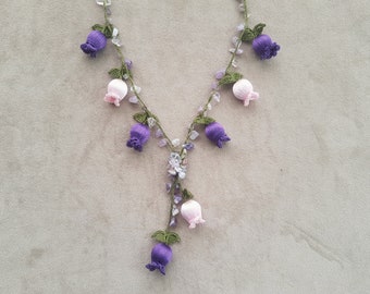 purple and pink crochet flower necklace