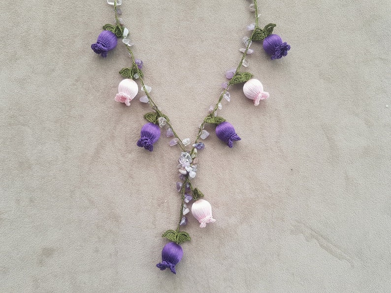 purple and pink crochet flower necklace image 1