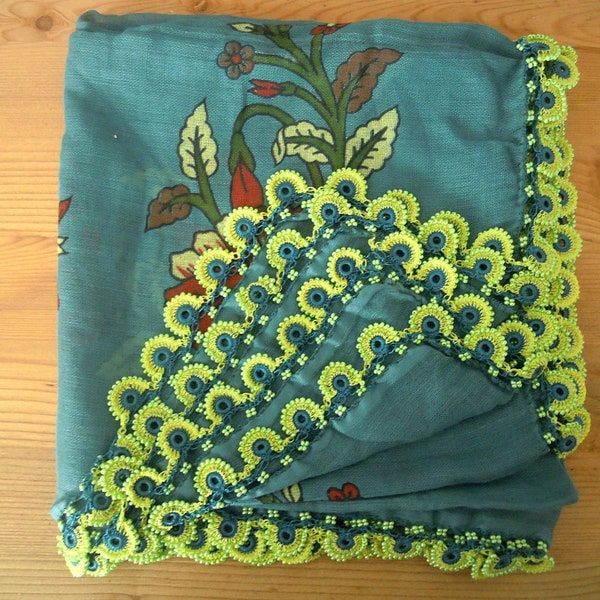 teal floral scarf with lime beaded edging