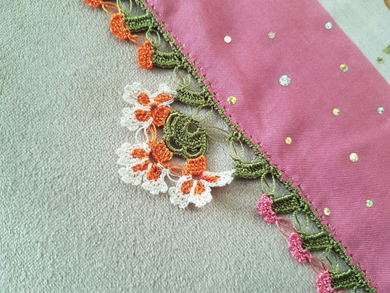pink and brown floral scarf with crochet flower t… - image 5