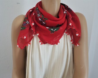 red oya scarf, floral turkish scarf with tatted trim