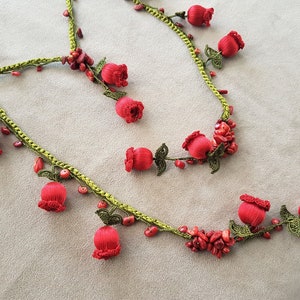 deep red crochet flower necklace, lariat necklace
