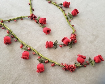 deep red crochet flower necklace, lariat necklace