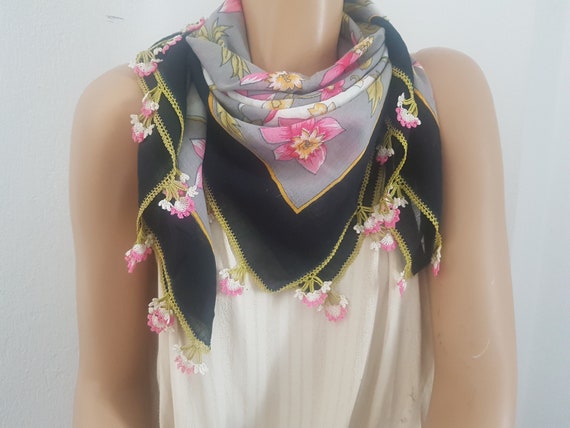 turkish headscarf, pink flower, oya