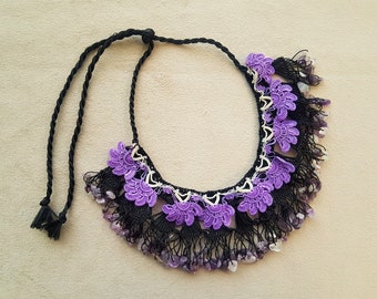 Black and purple crochet bib necklace